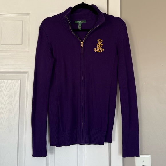 Ralph Lauren Full Zip Logo Patch Purple Sweater Preppy Academia - Picture 2 of 7